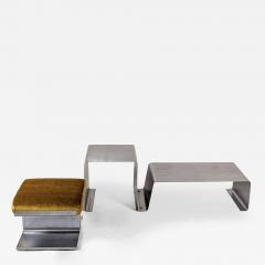  Roche Bobois STAINLESS STEEL COFFEE TABLE AND MOHAIR STOOL ROCHE BOBOIS R D 1970  - 4335472