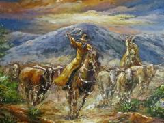  Rogers Western Painting Oil on Canvas Scene of a Roundup Late 20thC  - 83004