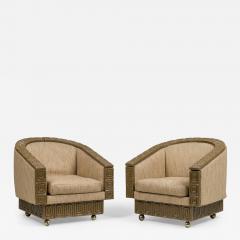  Romweber Pair of Romweber Limed Oak Upholstered Revolving Club Armchairs - 4289873