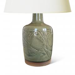  Royal Copenhagen Table Lamp with Carved Bird Reliefs and Olive Celadon Glaze by Nils Thorsson - 3621569