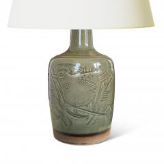  Royal Copenhagen Table Lamp with Carved Bird Reliefs and Olive Celadon Glaze by Nils Thorsson - 3621570