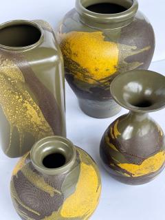  Royal Haeger 4 Royal Haeger Pottery Vessels w Yellow Brown Drip Glaze on Olive Green Ground - 2621559