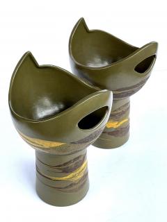  Royal Haeger Pr of Royal Haeger cup shaped vases w brown yellow drip glaze on olive ground - 2621677
