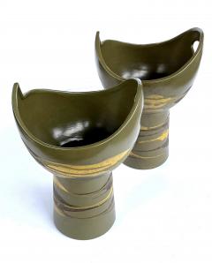  Royal Haeger Pr of Royal Haeger cup shaped vases w brown yellow drip glaze on olive ground - 2621678