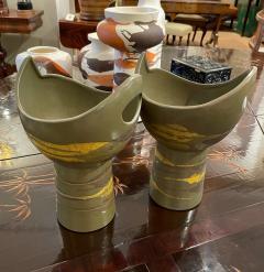  Royal Haeger Pr of Royal Haeger cup shaped vases w brown yellow drip glaze on olive ground - 2621679