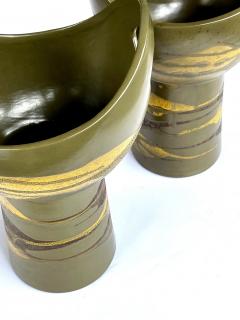  Royal Haeger Pr of Royal Haeger cup shaped vases w brown yellow drip glaze on olive ground - 2621680