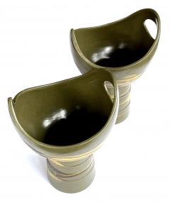  Royal Haeger Pr of Royal Haeger cup shaped vases w brown yellow drip glaze on olive ground - 2621682