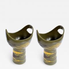  Royal Haeger Pr of Royal Haeger cup shaped vases w brown yellow drip glaze on olive ground - 2625241