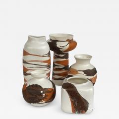  Royal Haeger Set of 5 Royal Haeger pottery vases w brown russet drip glaze on ivory ground - 2631853