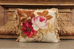  Royal Manufacture of Aubusson 19th Century French Aubusson Woven Tapestry Pillow with Floral D cor and Tassels - 3472527
