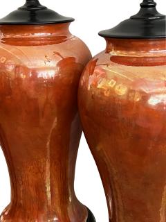  Ruskin Pottery Pair of English Ruskin Pottery Iridescent Orange glazed Vases now as Lamps - 4172893