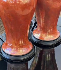  Ruskin Pottery Pair of English Ruskin Pottery Iridescent Orange glazed Vases now as Lamps - 4172895