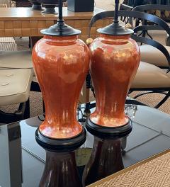  Ruskin Pottery Pair of English Ruskin Pottery Iridescent Orange glazed Vases now as Lamps - 4172896