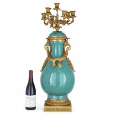  S vres Porcelain Manufactory Pair of gilt bronze and turquoise porcelain candelabra - 2232113