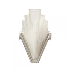  Sabino Art Glass Art Deco Skyscraper Style Silvered Bronze Frosted Glass Sconces Signed Sabino - 1733373