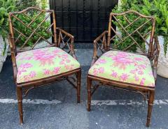  Scalamandre Pair of Hollywood Regency Faux Bamboo Arm Chairs W Scalamandre Toile - 3079266