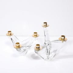  Schneider Pair of Mid Century Amorphic Crystal Brass 3 Arm Candelabra Signed Schneider - 4566582