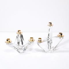  Schneider Pair of Mid Century Amorphic Crystal Brass 3 Arm Candelabra Signed Schneider - 4566614