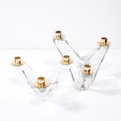  Schneider Pair of Mid Century Amorphic Crystal Brass 3 Arm Candelabra Signed Schneider - 4566620