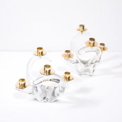  Schneider Pair of Mid Century Amorphic Crystal Brass 4 Arm Candelabras Signed Schneider - 4566667