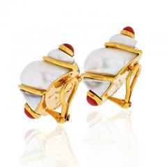  Seaman Schepps SEAMAN SCHEPPS 18K YELLOW GOLD TURBO SHELL AND CORAL EARRINGS - 1886421