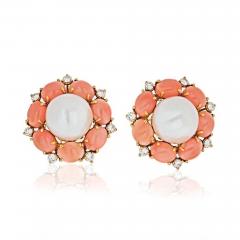  Seaman Schepps SEAMAN SCHEPPS FLOWER 18K YELLOW GOLD CORAL DIAMONDS SOUTH SEA PEARL EARRINGS - 1735993