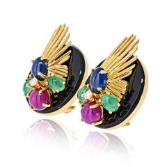  Seaman Schepps Seaman Schepps 18K YG Onyx Ruby Sapphire Emerald Clip Fan Style Earrings - 4511117