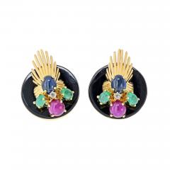  Seaman Schepps Seaman Schepps 18K YG Onyx Ruby Sapphire Emerald Clip Fan Style Earrings - 4512219