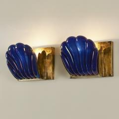  Seguso Seguso Vetri d Arte Italian Seguso 1950s Murano iridescent Egyptian blue scalloped wall lights - 3575710