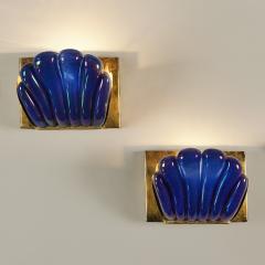  Seguso Seguso Vetri d Arte Italian Seguso 1950s Murano iridescent Egyptian blue scalloped wall lights - 3575712