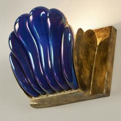  Seguso Seguso Vetri d Arte Italian Seguso 1950s Murano iridescent Egyptian blue scalloped wall lights - 3575715