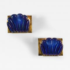  Seguso Seguso Vetri d Arte Italian Seguso 1950s Murano iridescent Egyptian blue scalloped wall lights - 3591275