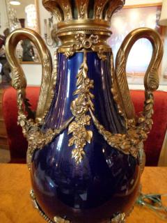  Sevres Manufacture Nationale de S vres Sevres Style Cobalt Blue Porcelain Bronze Swan Handle Urn Mounted as a Lamp - 1292371