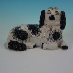  Staffordshire Large Staffordshire Recumbent Black and White Spaniel - 1747816