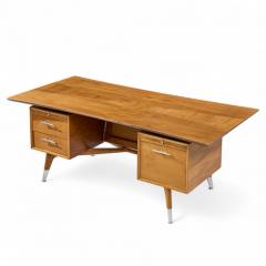  Standard Furniture Standard Furniture Company Mid Century Walnut Brass and Cane Bowtie Desk - 4385509