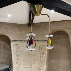  Stilnovo 1950s Italian Brass Art Glass Colorful Three Pendant Chandelier Lamp ITALY - 2743041