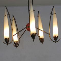  Stilnovo 1950s Stilnovo Italian Brass Chandelier Five Arm Tapered Glass with Pop of Red - 1701413