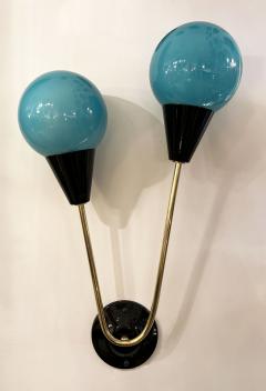  Stilnovo Contemporary Italian Pair of Two Globe Turquoise Blue Murano Glass Brass Sconces - 2562743