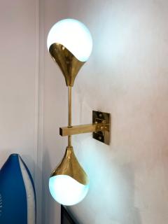  Stilnovo Contemporary Italian Pair of Two Globe Turquoise Murano Glass Brass Sconces - 2522958