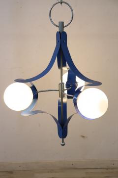  Stilnovo Italian Design Glass and Blue Lacquered Metal Stilnovo Chandelier 1950s - 2218483