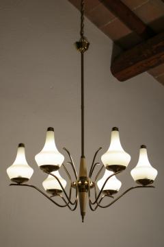 Stilnovo Italian Midcentury Six Lights Gold and Ivory Chandelier Attributed to Stilnovo - 3095487