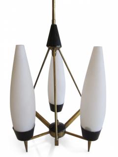  Stilnovo Italian Modern Brass Glass and Enameled 3 Light Chandelier Stilnovo - 4272761
