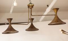  Stilnovo Large 1970s Patinated brass 3 Arm Italian Chandelier In the Style Of Stilnovo - 3300581