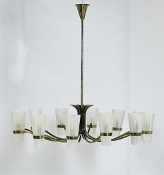  Stilnovo Mid Century Italian 12 Arm Chandelier by Stilnovo in Brass and Murano Glass - 4202759