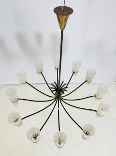  Stilnovo Mid Century Italian 12 Arm Chandelier by Stilnovo in Brass and Murano Glass - 4202761