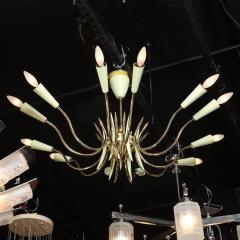  Stilnovo Mid Century Polished Brass Green Enamel 12 Light Chandelier by Stilnovo - 4719740