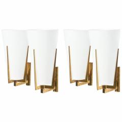  Stilnovo Pair Stilnovo Brass and Frosted Glass Wall Lights Sconce Italy - 4163252