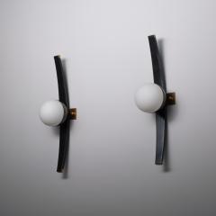  Stilnovo Pair of 1950s Italian Stilnovo Sconces in Brass Black Lacquered Wood and steel - 4410062