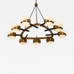  Stilnovo Rare Stilnovo chandelier brass and nine opaline shades Italy c1950 - 4444833