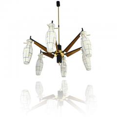  Stilnovo Stilnovo 1958 Italian Black White Glass Pair of 6 Light Teak Brass Chandeliers - 2990741